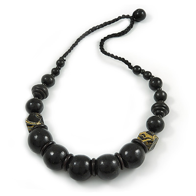Chunky Black Wood Bead with Black Cotton Cord Necklace - 60cm L - main view