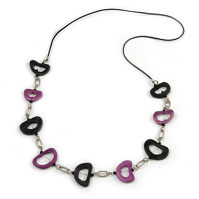 Black/ Purple Oval Bone Bead with Silver Tone Link Black Faux Leather Cord Necklace - 90cm L