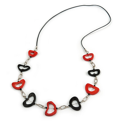 Red/ Black Oval Bone Bead with Silver Tone Link Black Faux Leather Cord Necklace - 90cm L - main view