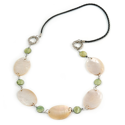Natural Oval Shell and Green Ceramic Bead Faux Leather Cord Necklace - 70cm L - main view