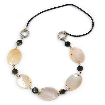 Natural Oval Shell and Black Ceramic Bead Faux Leather Cord Necklace - 70cm L