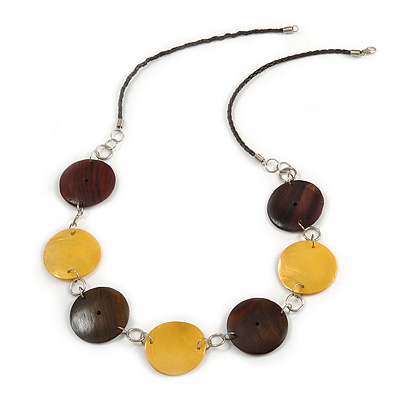Brown Wood Disk Bead and Yellow Shell Faux Leather Cord Neckalce - 76cm L - main view