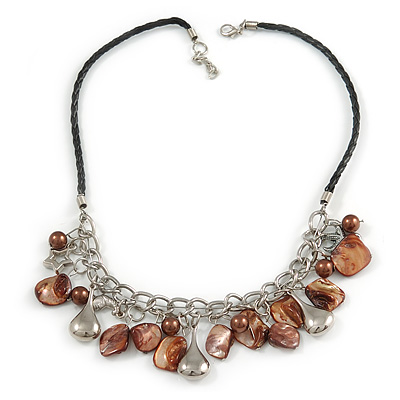 Shell Nugget and Metal Charm with Faux Leather Cord Necklace (Brown, Silver) - 50cm L/ 3cm Ext