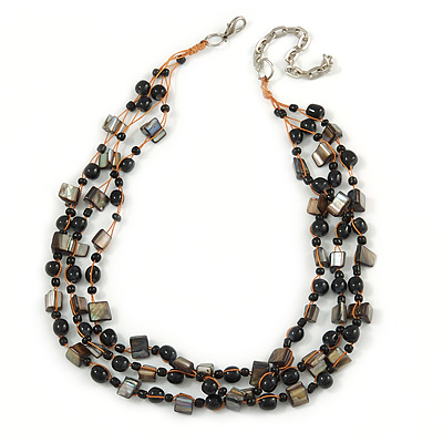 3 Strand Black Ceramic Bead, Dark Grey Sea Shell Nugget Orange Cord Necklace - 42cm L/ 8cm Ext