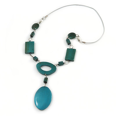 Statement Teal Wood Bead Geomentric Silver Cord Necklace - 66cm L/ 13cm Front Drop - main view