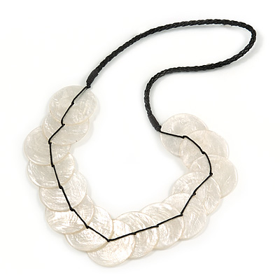Exquisite White Shell Disk Black Faux Leather Cord Necklace - 66cm L
