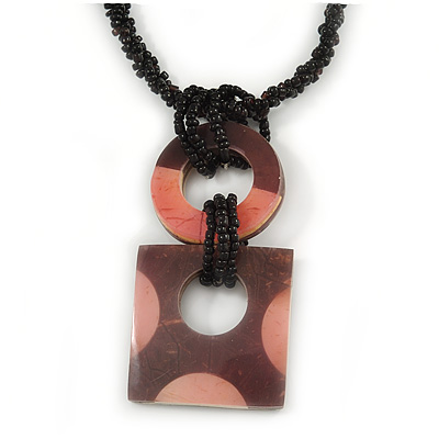 Pink/ Brown Wood Square Pendant with Braided Black Glass Bead Cord - 46cm L/ 9cm Pendant - main view