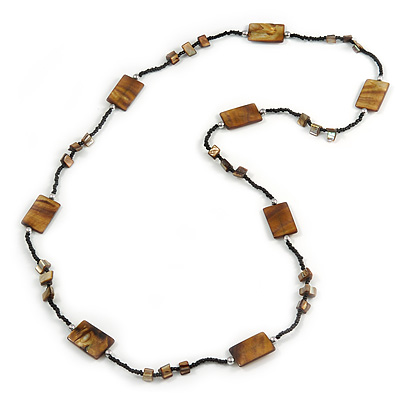 Long Brass Brown Shell Nugget Black Glass Bead Necklace - 110cm L - main view