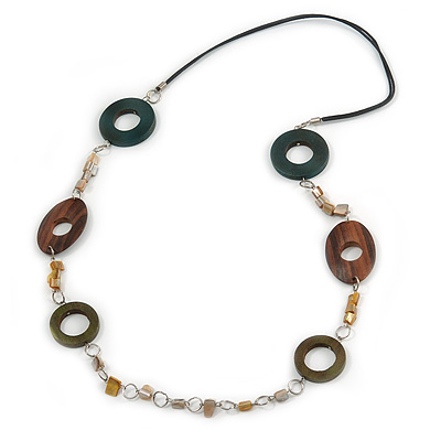 Wood and Shell Cotton Cord Necklace (Green/ Brown/ Olive) - 94cm L - main view