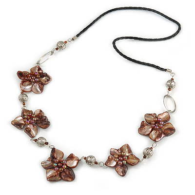 Brown Shell Floral Faux Leather Cord Long Necklace - 90cm L - main view