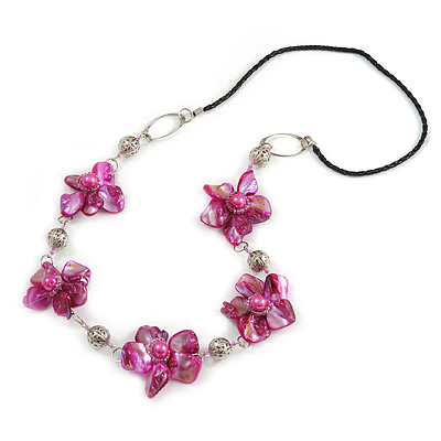 Fuchsia Shell Floral Faux Leather Cord Long Necklace - 80cm L - main view