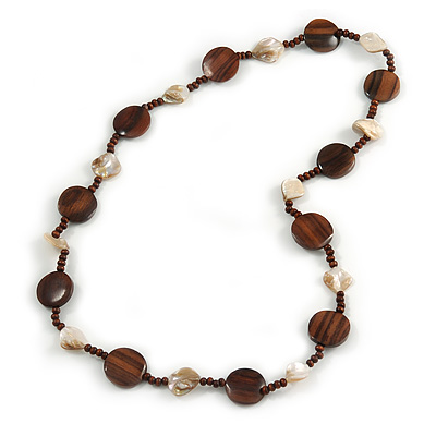 Brown Wood Coin Shape Bead and Antique White Shell Nugget Necklace - 74cm L - main view