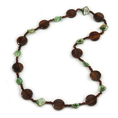 Brown Wood Coin Shape Bead and Green Shell Nugget Necklace - 74cm L - main view