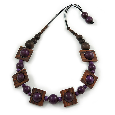 Chunky Square and Round Wood Bead Cotton Cord Necklace (Purple/ Brown) - 64cm L - main view