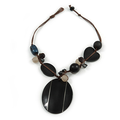 Large Oval Resin Pendant with Beaded Cotton Cord Necklace (Brown/ Black) - 42cm L/ 8cm Front Drop - main view