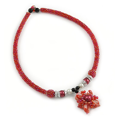 Red Glass Collar Necklace with Red Shell Flower Pendant - 43cm L - main view