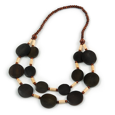 Statement Wood Bead Chunky Necklace (Brown/ Natural) - 72cm L - main view