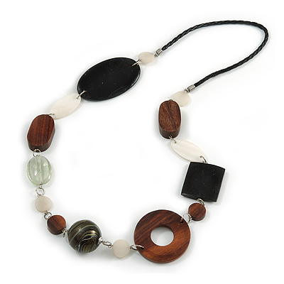 Geometric Wood, Glass, Shell Bead Necklace with Black Faux Leather Cord (Brown/ Black/ White) - 76cm Long - main view