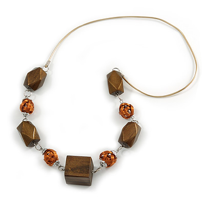 Bold Geometric Wood Bead and Wire Ball Rubber Cord Necklace (Bronze Brown, Copper) - 70cm Long - main view