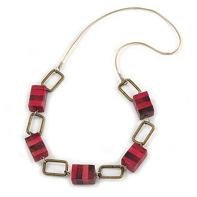 Statement Fuchsia Pink Wood Bead and Bronze Square Metal Link Gold Cord Necklace - 76cm L - main view
