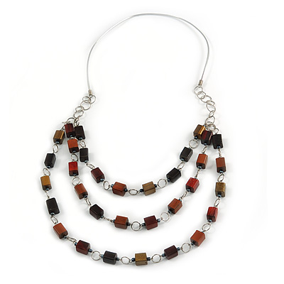 Layered Wood Bead with Metallic Silver Rubber Cord Necklace - 86cm L
