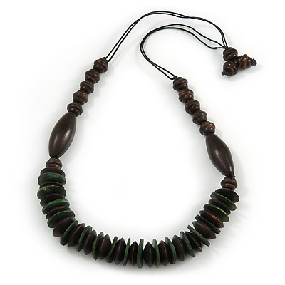 Brown/ Dark Green Wood Bead with Cotton Cord Necklace - 70cm L - main view