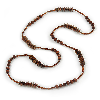 Long Wood, Glass, Shell Beads Necklace In Brown - 114cm L - main view