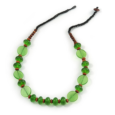 Brown Wood, Green Acrylic Bread Black Cotton Cord Necklace - 64cm L