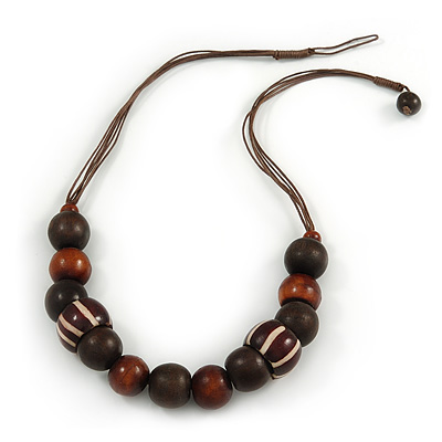 Brown Wood Round Bead Cotton Cord Necklace - 56cm L - main view