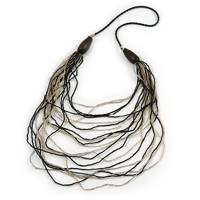 Long Layered Multi-strand Black/ Transparent Glass Bead Black Faux Leather Cord Necklace - 100cm L - main view