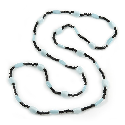 Long Black Glass, Light Blue Ceramic Bead Necklace - 100cm L - main view