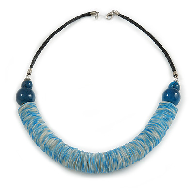 Chunky Light Blue Shell Coin Necklace with Black Faux Leather Cord - 55cm L - main view