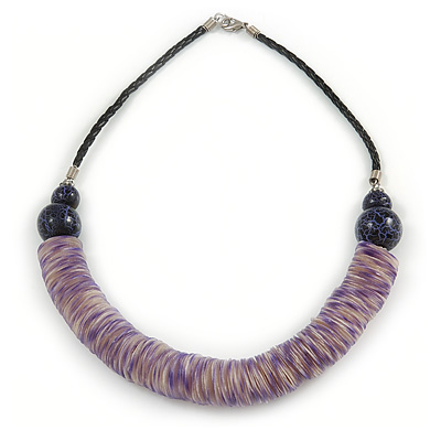 Purple Wood, Coin Shell Bead with Black Faux Leather Cord Necklace - 50cm L - main view