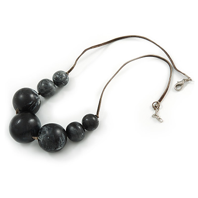 Dark Grey/ Black Resin Bead Faux Suede Cord Necklace - 46cm L/ 3cm Ext
