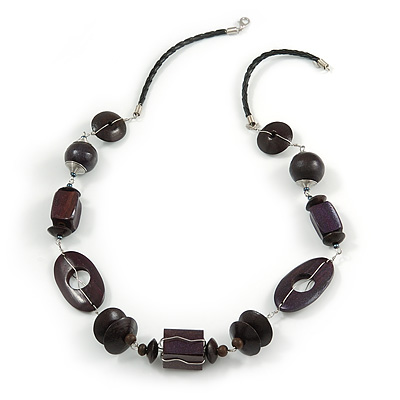Deep Purple/ Brown Wood Bead Wire Detailing with Black Faux Leather Cord Necklace - 66cm L - main view