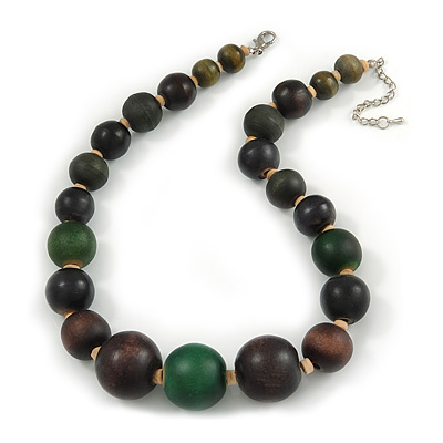 Brown/ Green Graduated Wood Bead Necklace - 42cm L/ 4cm Ext