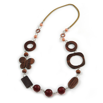 Romantic Wood, Shell, Resin Bead with Cotton Cord Long Necklace (Brown/ Olive) - 84cm L - main view