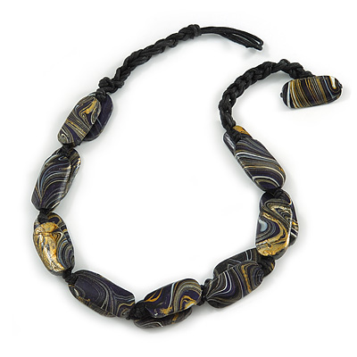 Deep Purple Oval Wood Bead with Colour Fusion Cotton Cord Necklace - 44cm L - main view