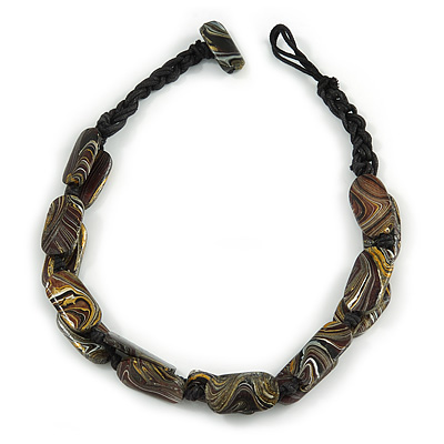 Dark Brown Oval Wood Bead with Colour Fusion Cotton Cord Necklace - 44cm L - main view