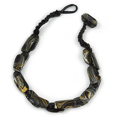 Black Oval Wood Bead with Colour Fusion Cotton Cord Necklace - 44cm L - main view
