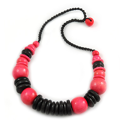 Statement Chunky Black/ Deep Pink Wood Bead with Black Cotton Cord Necklace - 60cm L