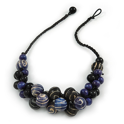 Black/ Dark Blue Cluster Wood Bead With Black Cord Necklace - 54cm L - main view