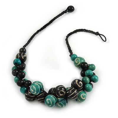 Black/ Teal Green Wood Bead Cluster with Cotton Cord Necklace - 55cm L