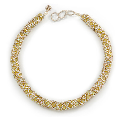 Pale Yellow Acrylic and Off White Glass Bead Choker Style Necklace - 42cm Long - main view