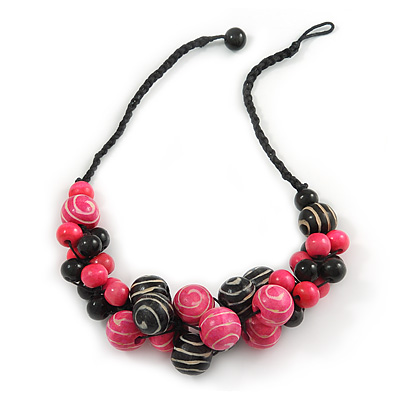 Black/ Deep Pink Cluster Wood Bead With Black Cord Necklace - 54cm L - main view