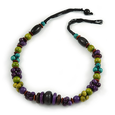 Multicoloured Wood Bead Cluster Cotton Cord Necklace - 72cm L - main view