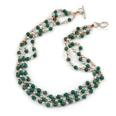 3 Strand Green Ceramic, Silver Acrylic Bead Necklace - 44cm L - main view