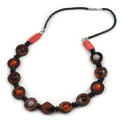 Wood and Ceramic Bead Necklace with Black Faux Leather Cord - 80cm L - main view