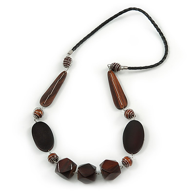 Geometric Wood Bead with Silver Wire Element Black Faux Leather Cord Necklace (Black/ Brown) - 76cm L