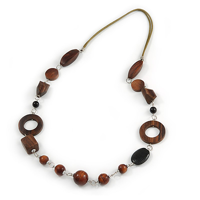 80cm L Avalaya Long Brown Wood and Transparent Acrylic Bead with Olive Cotton Cords Necklace 